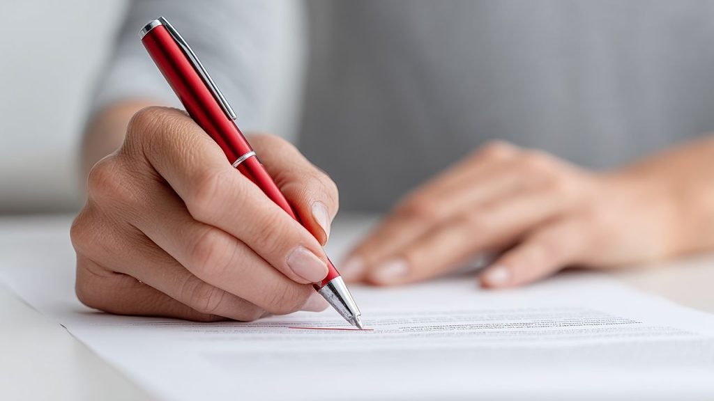 Person signing a compliance document with a red pen, representing employer right to work checks in Australia.