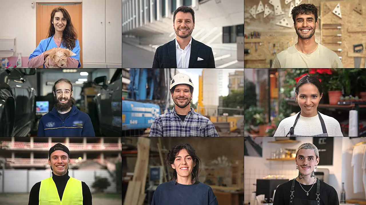Nine-person collage of workers from healthcare, corporate, trades, automotive, construction, hospitality, and retail, each smiling in their work environment.
